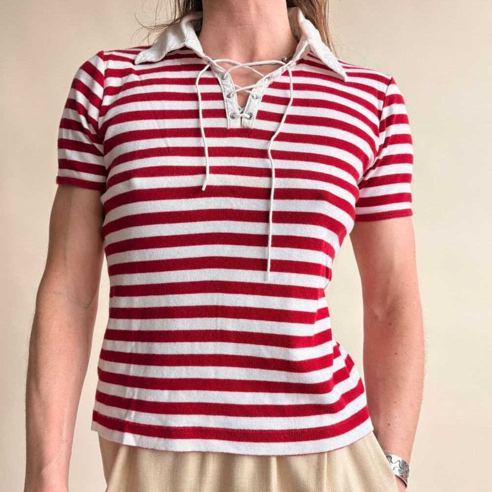 Rafaella Striped Polo Shirt - Red/White, Lace-Up Neckline,  Size Small